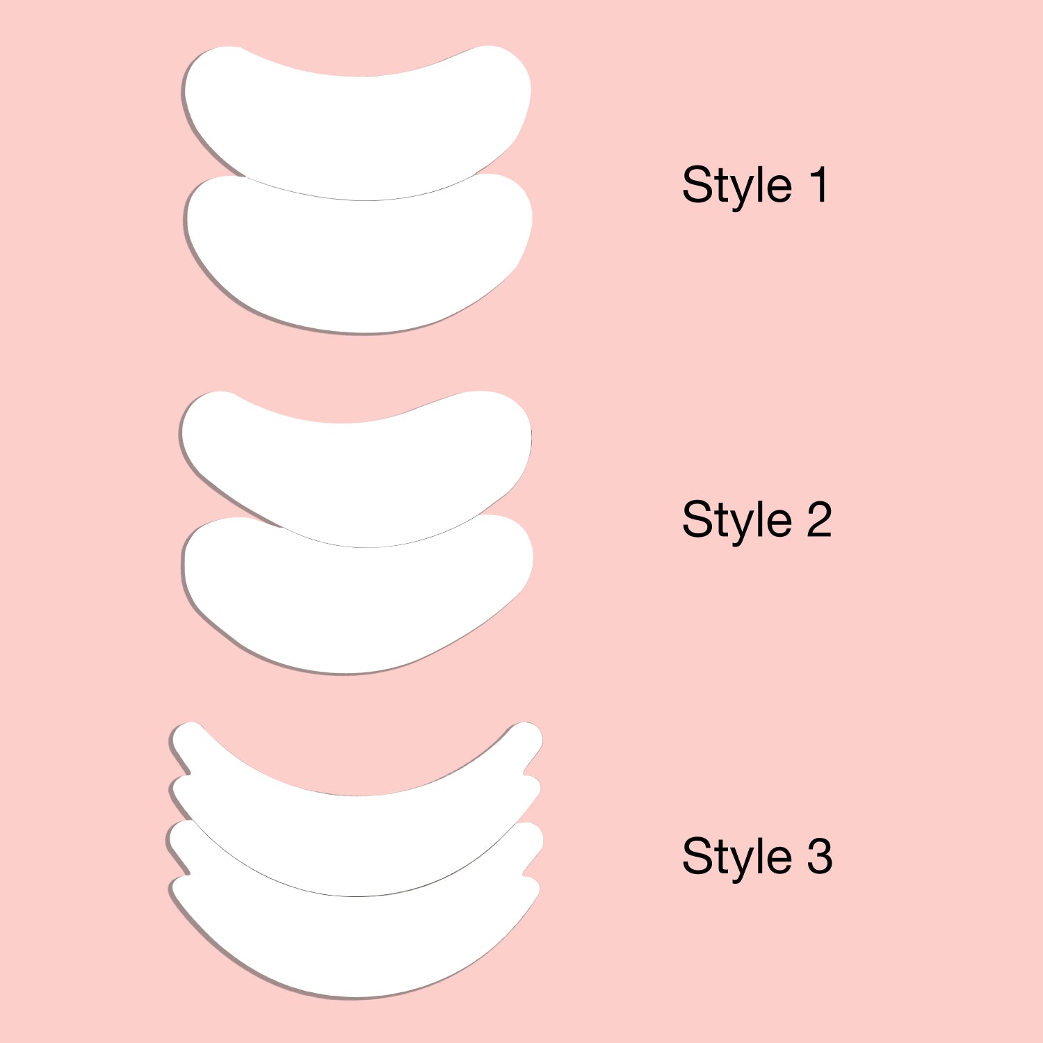 Bio Gel Eye Pads in styles 1, 2, and 3 showcased on a pink background