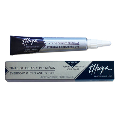 Thuya Professional Line Eyebrow & Eyelashes Dye in Bluish Black, enriched with keratin and argan oil, in sleek packaging.