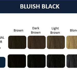 Color chart showcasing Thuya Bluish Black dye results on original hair shades: brown, dark brown, light brown, and blond.