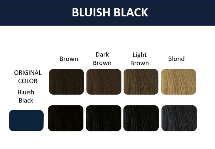 Color chart showcasing Thuya Bluish Black dye results on original hair shades: brown, dark brown, light brown, and blond.