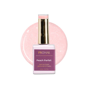 LLBA Peach Parfait Gel Polish in a sleek bottle with a gold cap, featuring a soft peach shade and a glittery pink backdrop.