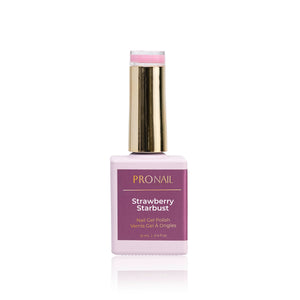 A Strawberry Starbust_ nail polish bottle with a gold cap casting a shadow on a white background.