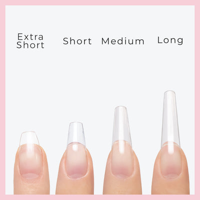 nail tips Variants displayed on nails: extra short, short, medium and long tips 