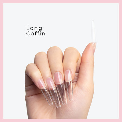 Long Coffin nail tips demonstrated on model's nails