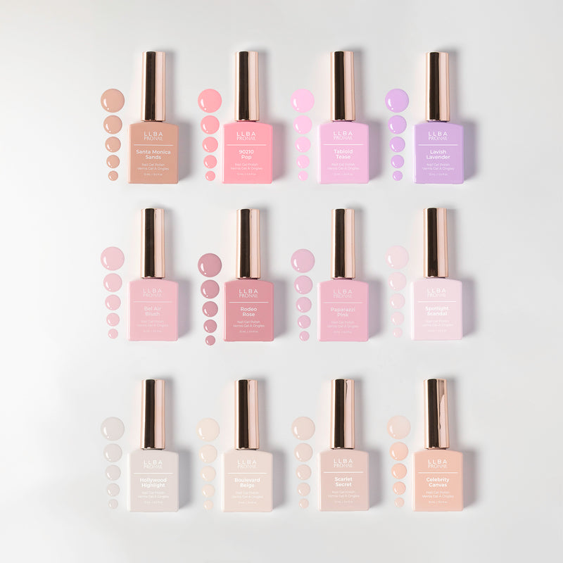 Curacoro ProNail Beverly Hills Nudes Collection featuring 12 nail polish bottles in a variety of nude and pastel shades on a white background.