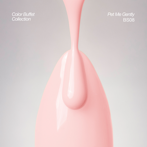 A glossy light pink product shape with a dripping top, centered on a soft light gray background, with white text reading &