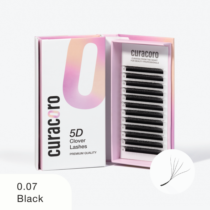 An open box of Curacoro 5D Clover Lashes premium quality eyelash extensions in black, with a 0.07 thickness.