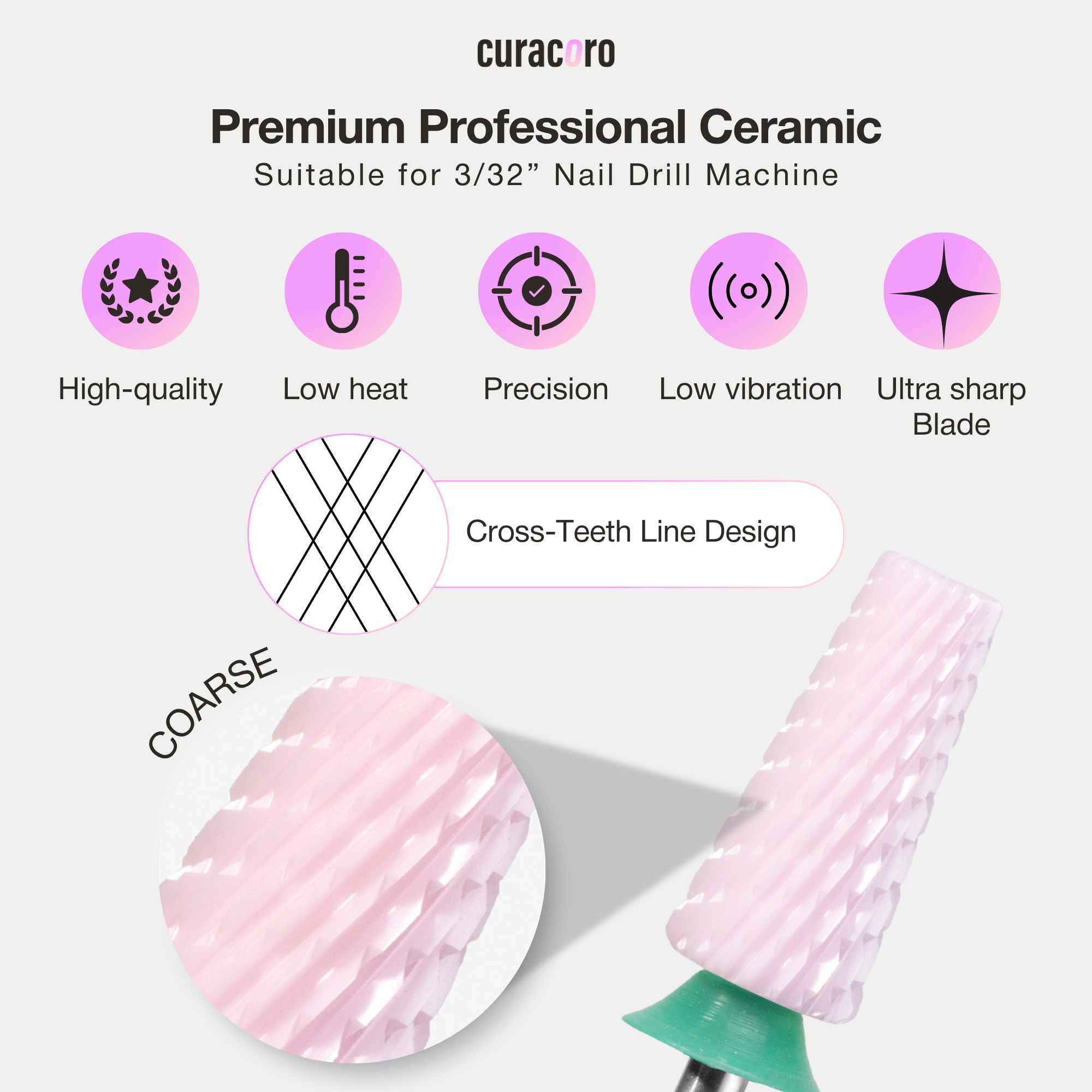 Ceramic Nail Drill Bit - 5in1 – Cross Cut Bit – Coarse, 3/32"