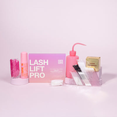 Brow Lamination Training Kit All Products Over Pink Background