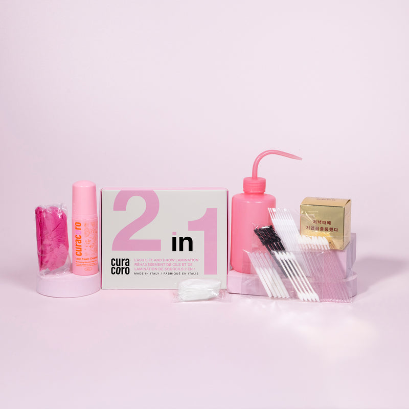 Brow Lamination Training Kit Products Over Pink Background