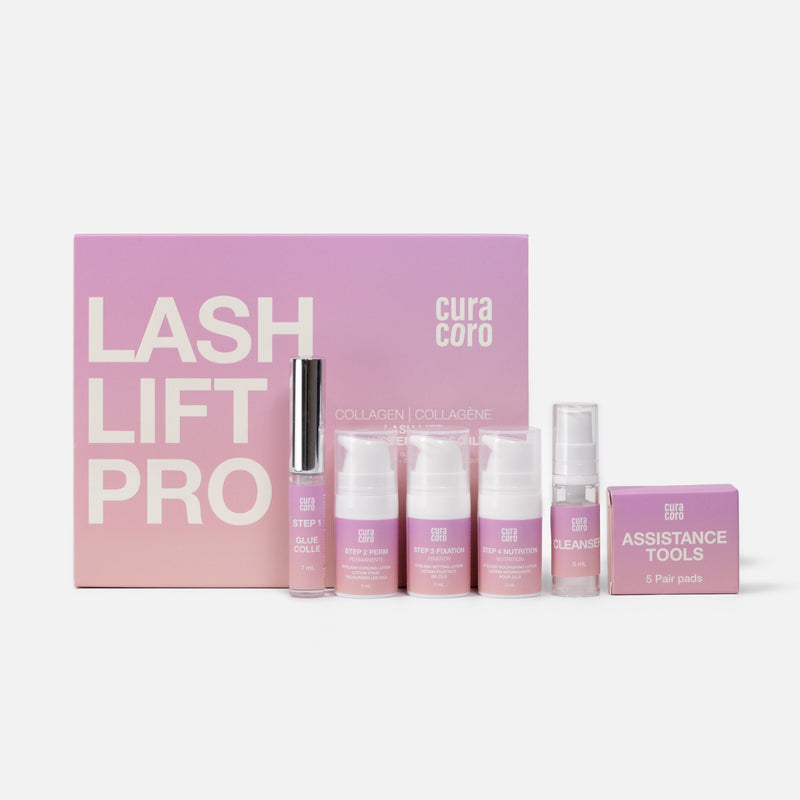 Collagen Lash Lift and Brow Lamination Pro Kit by Curacoro Box & Products Over White Background