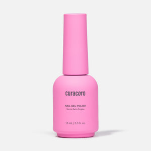 A bottle of Curacoro Nail Gel Polish in a vibrant pink shade, shown against a light gray background.
