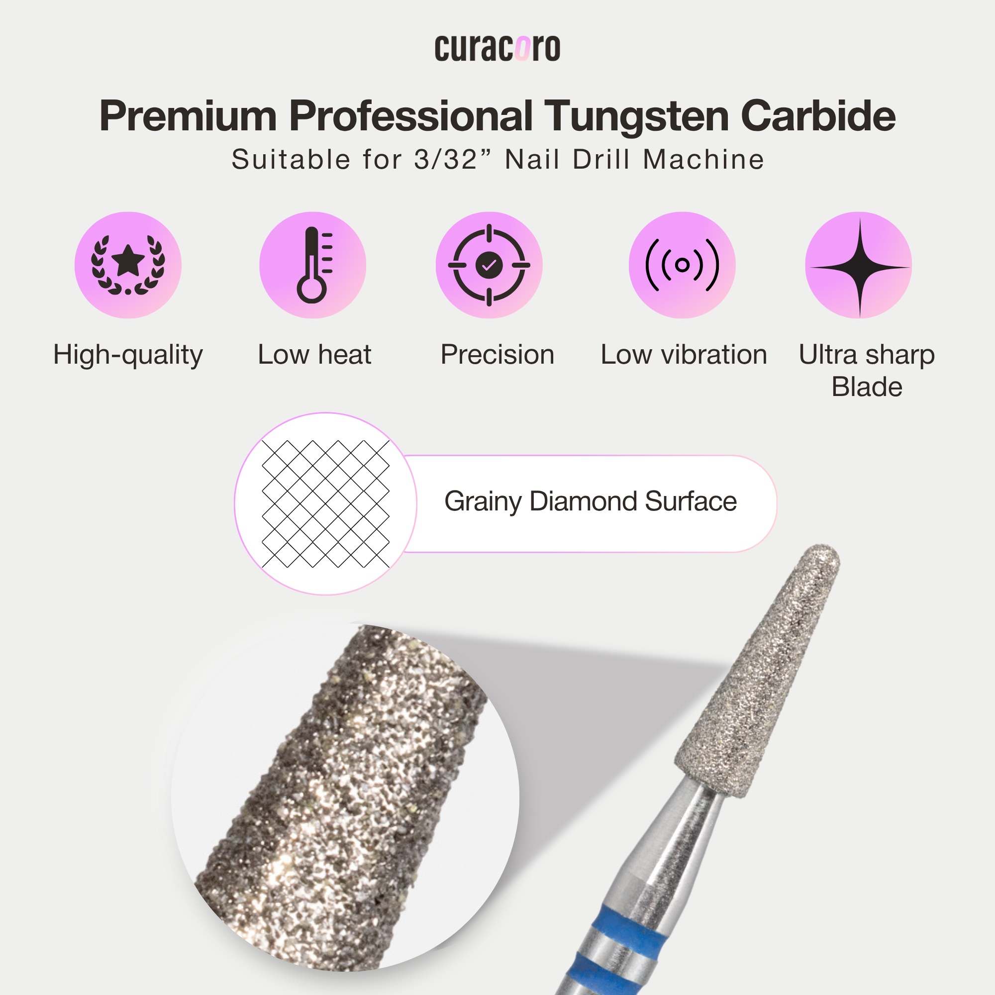 Cuticle Nail Drill Bit – Diamond Bit 2.5×8mm (Round Cone) - Medium/Fine