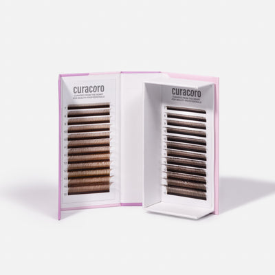 Pecan & Dark Brown Double YY lashes Open Box Over White Background