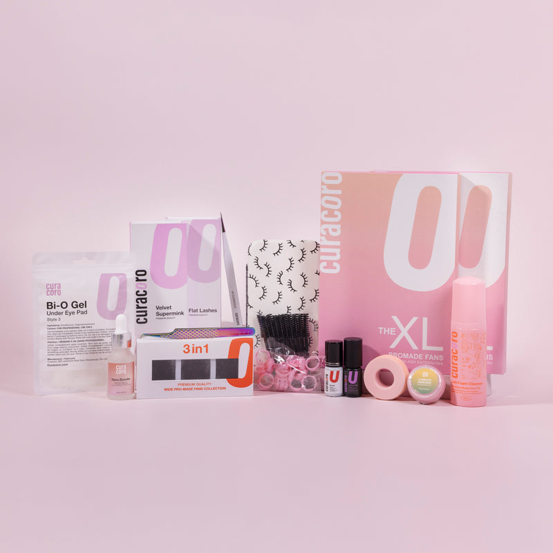 Curacoro Eyelash Extension Training Kit displayed on a soft pink background.