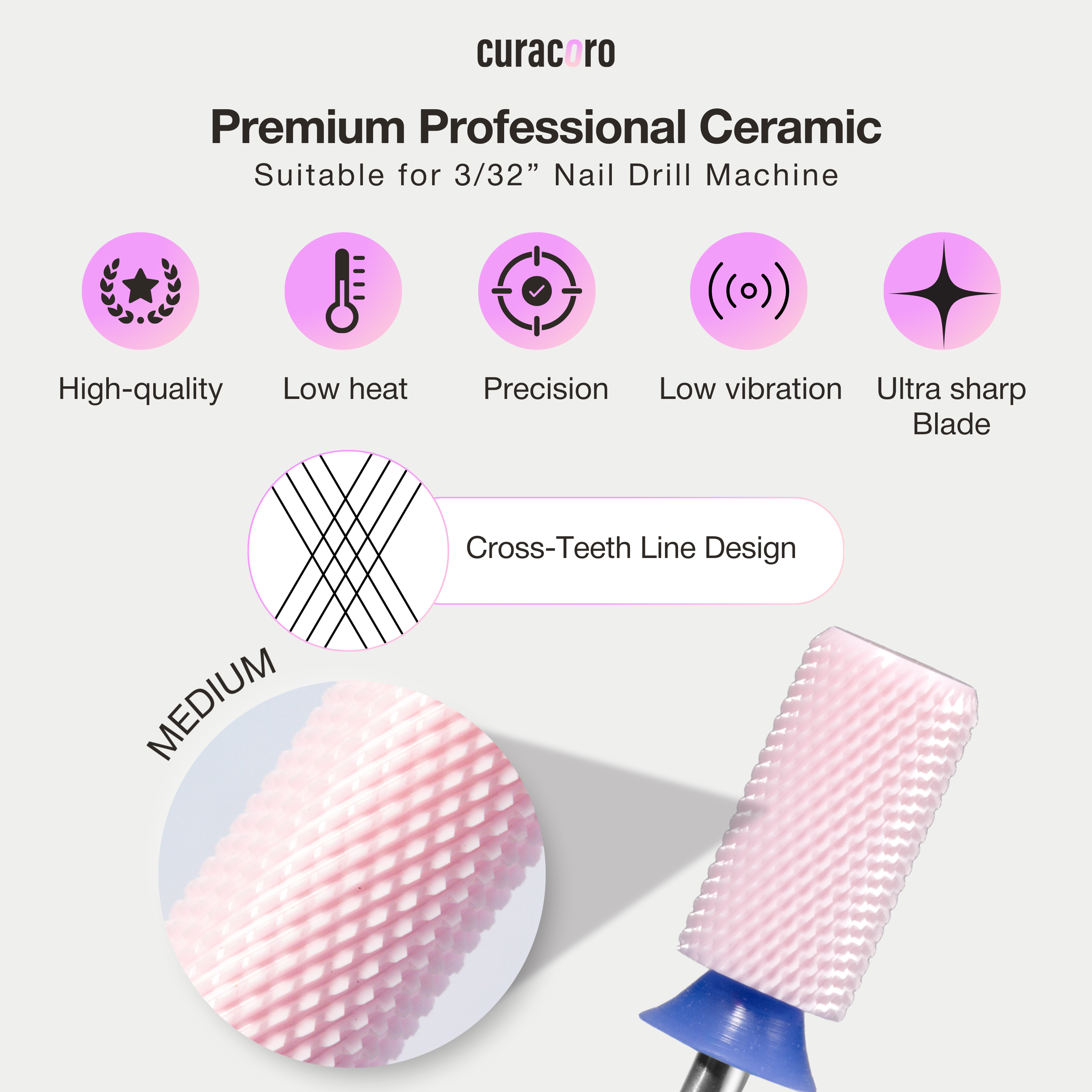 Ceramic Nail Drill Bit - Large Barrel Bits - Chamfer - Medium 3/32"