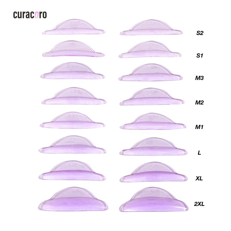 Curacoro violet lash lift shields in various sizes from S2 to 2XL, arranged in a grid for easy selection and application.