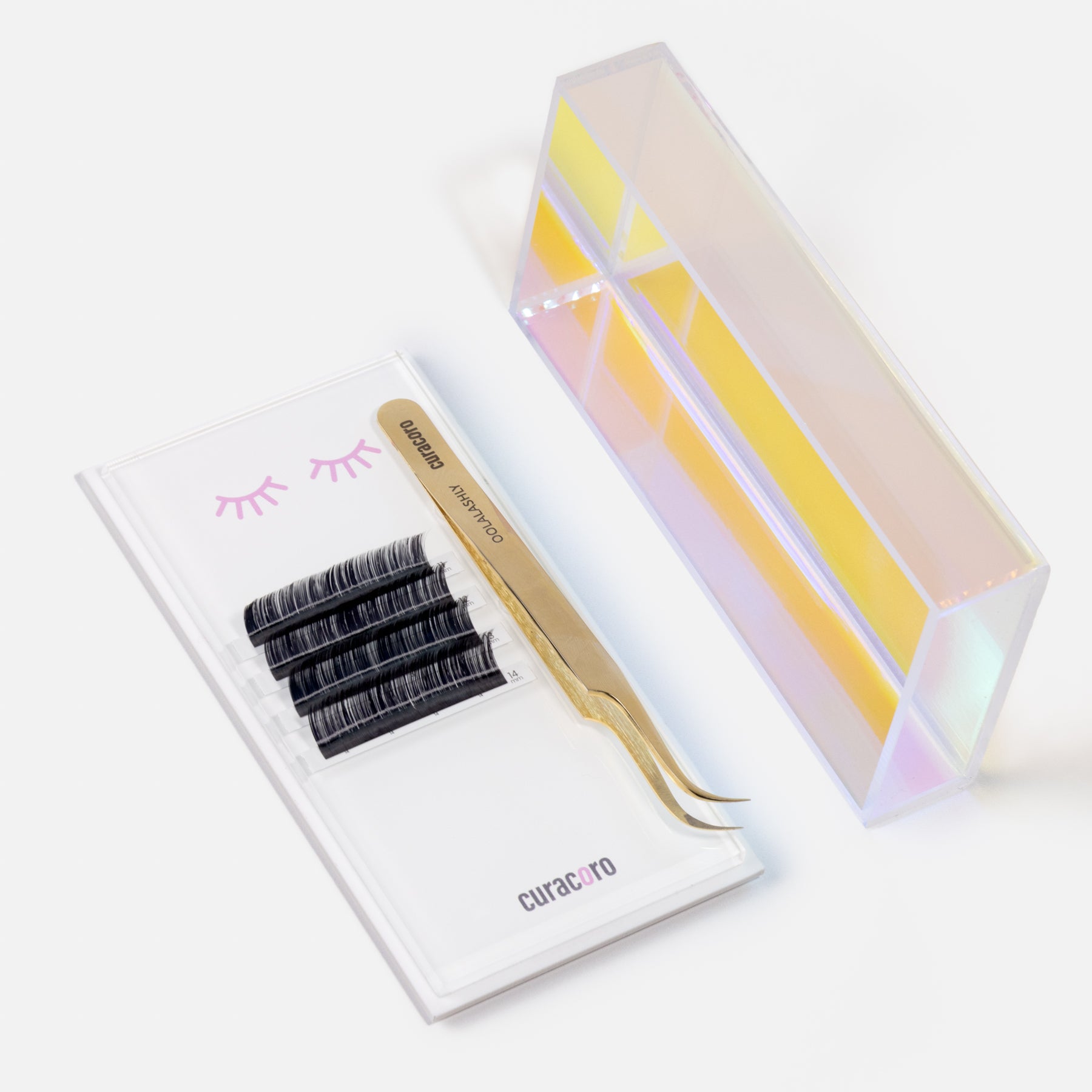 Curacoro magnetic lash tile with gold tweezer, lash extensions, and holographic stand, designed for lash organization.