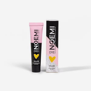Noemi Hybrid Brow & Lash Dye - Yellow (Corrector) Bottle & Box Over White Background