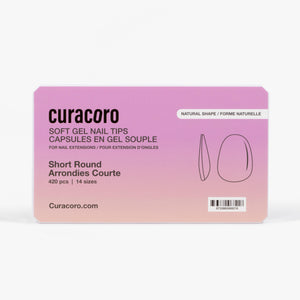 Curacoro soft gel nail tips, short round shape, 420 pcs in 14 sizes, packaged in gradient pink box on white background