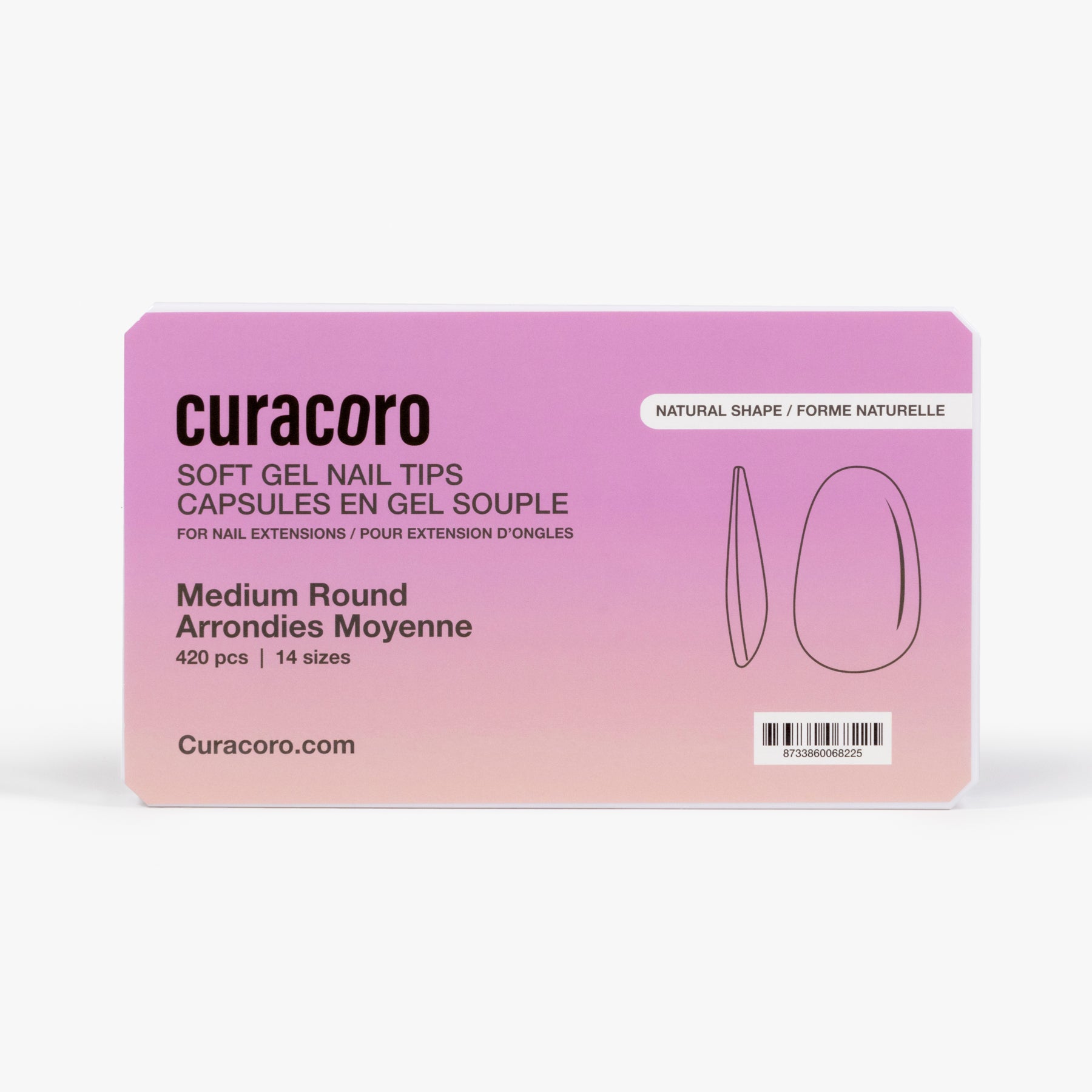 Curacoro soft gel nail tips, Medium round shape, 420 pcs in 14 sizes, packaged in gradient pink box on white background