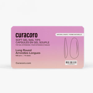 Curacoro soft gel nail tips, long round shape, 420 pcs in 14 sizes, packaged in gradient pink box on white background