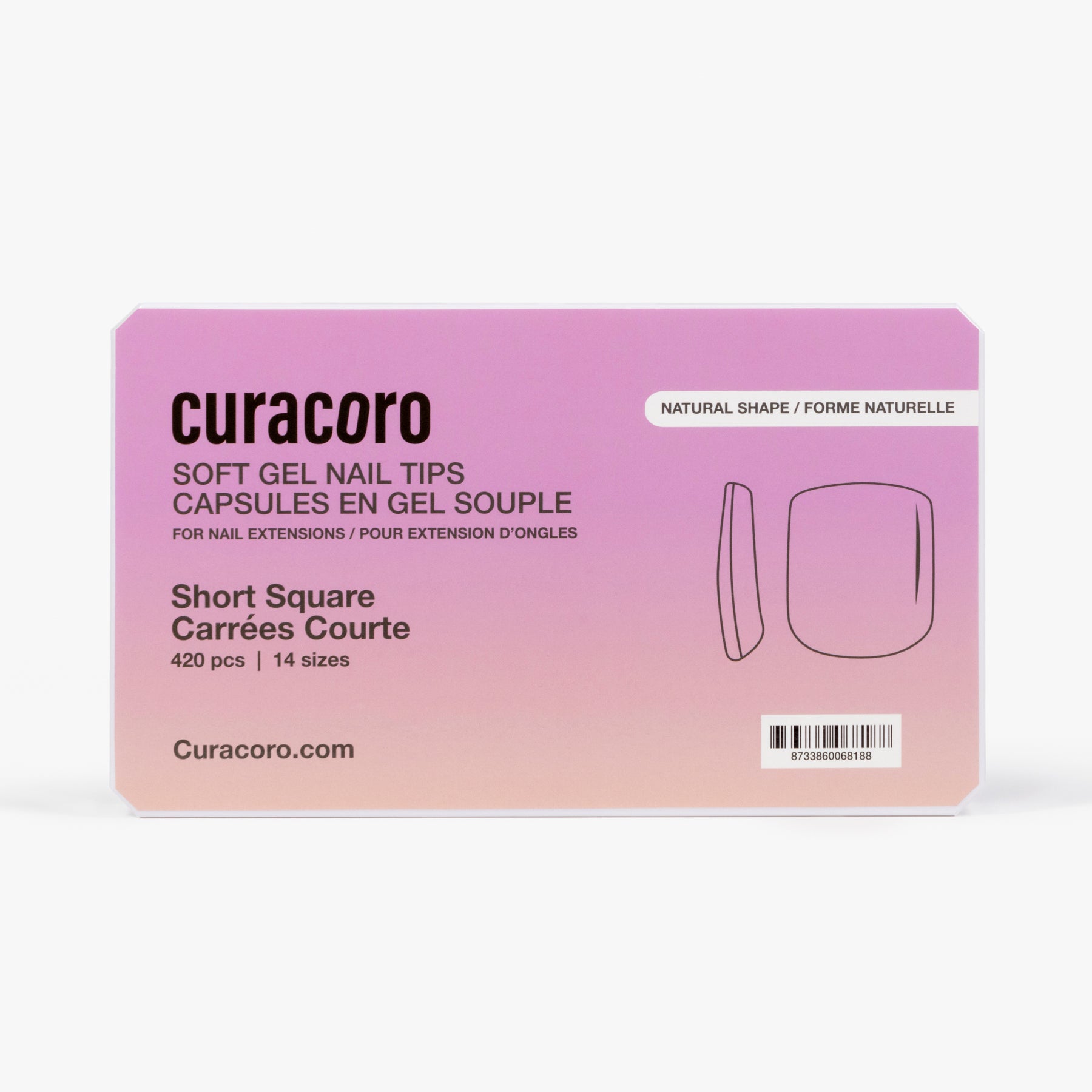Curacoro soft gel nail tips, short square shape, 420 pcs in 14 sizes, packaged in gradient pink box on white background