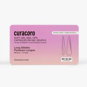 Curacoro Soft Gel Nail Tips in long Stiletto shape, packaged in a gradient pink and purple box with product details and illustrations of the stiletto nail shape.