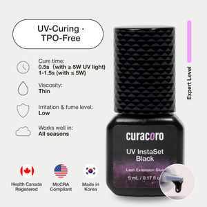 Black bottle of curacoro UV InstaSet Black Lash Extension Glue with product details on a white background