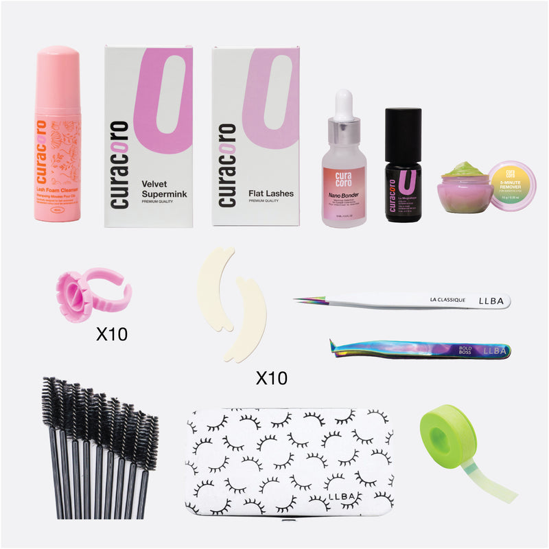Curacoro Eyelash Extension Training Kit for Classic application displayed with various tools and products on a white background.