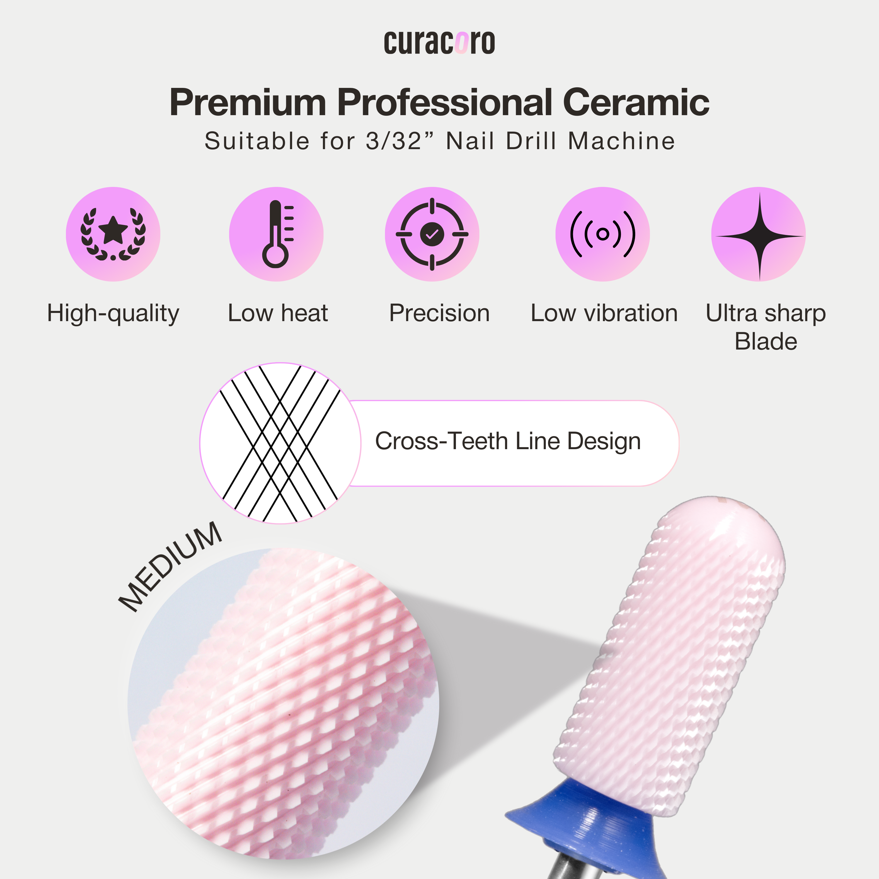 Ceramic Nail Drill Bit - Small Barrel Smooth Top Bit – Medium 3/32"