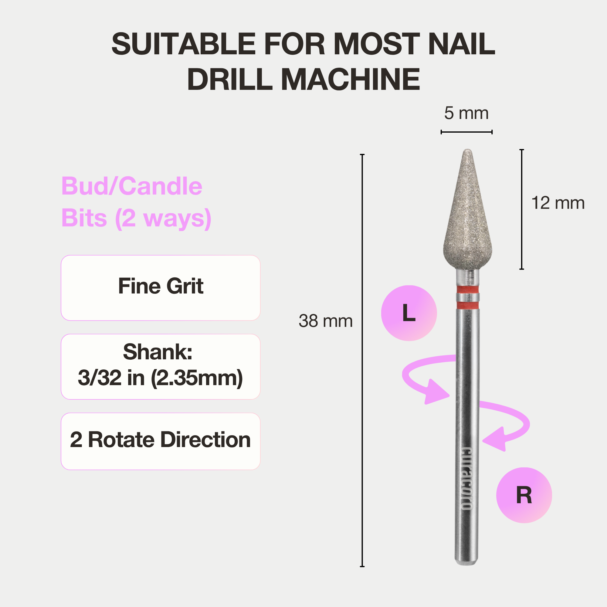 Cuticle Nail Drill Bit – Diamond Bit 5×12mm (Bud/Candle) - Medium/Fine