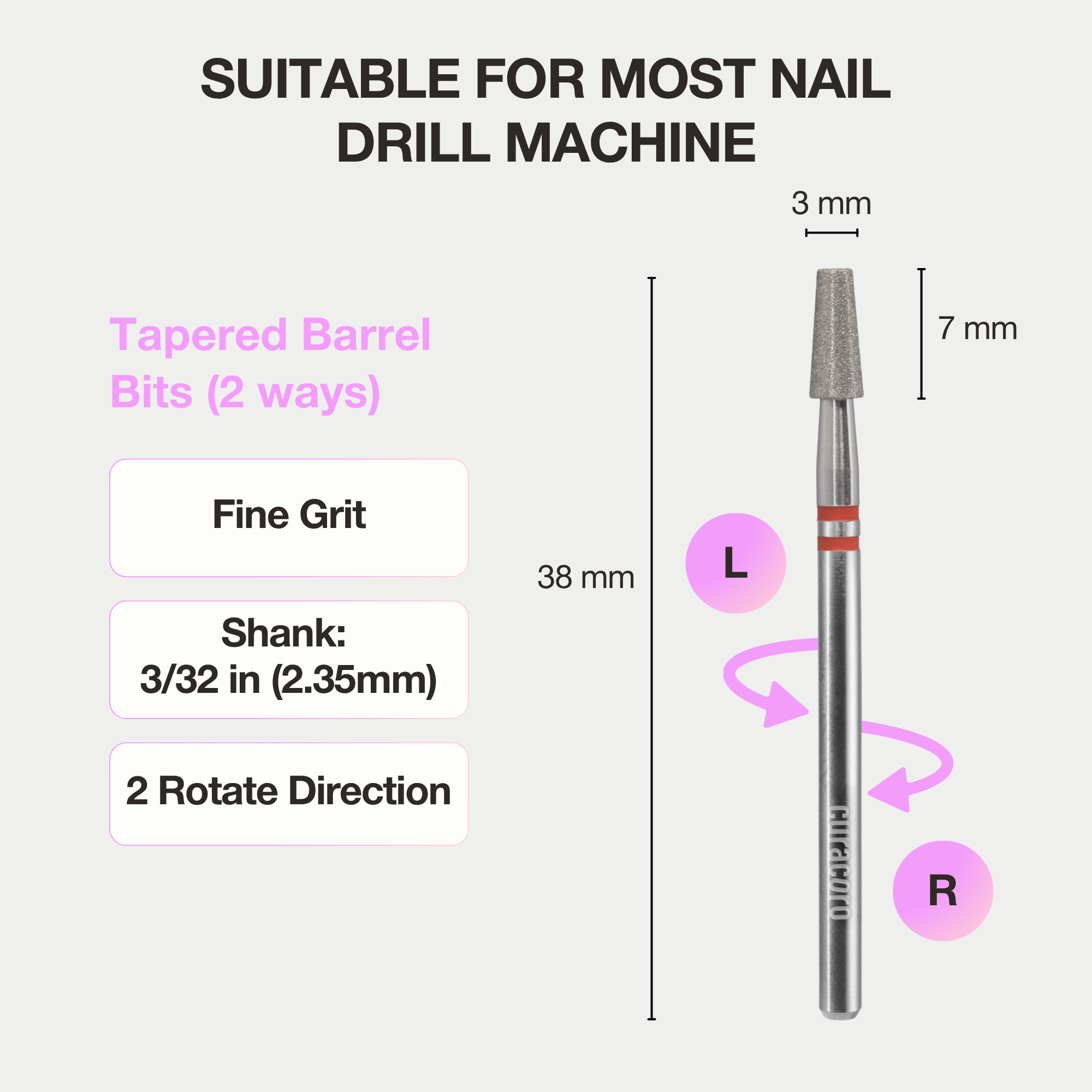 Cuticle Nail Drill Bit – Diamond Bit 3×7mm (Tapered Barrel) - Medium/Fine