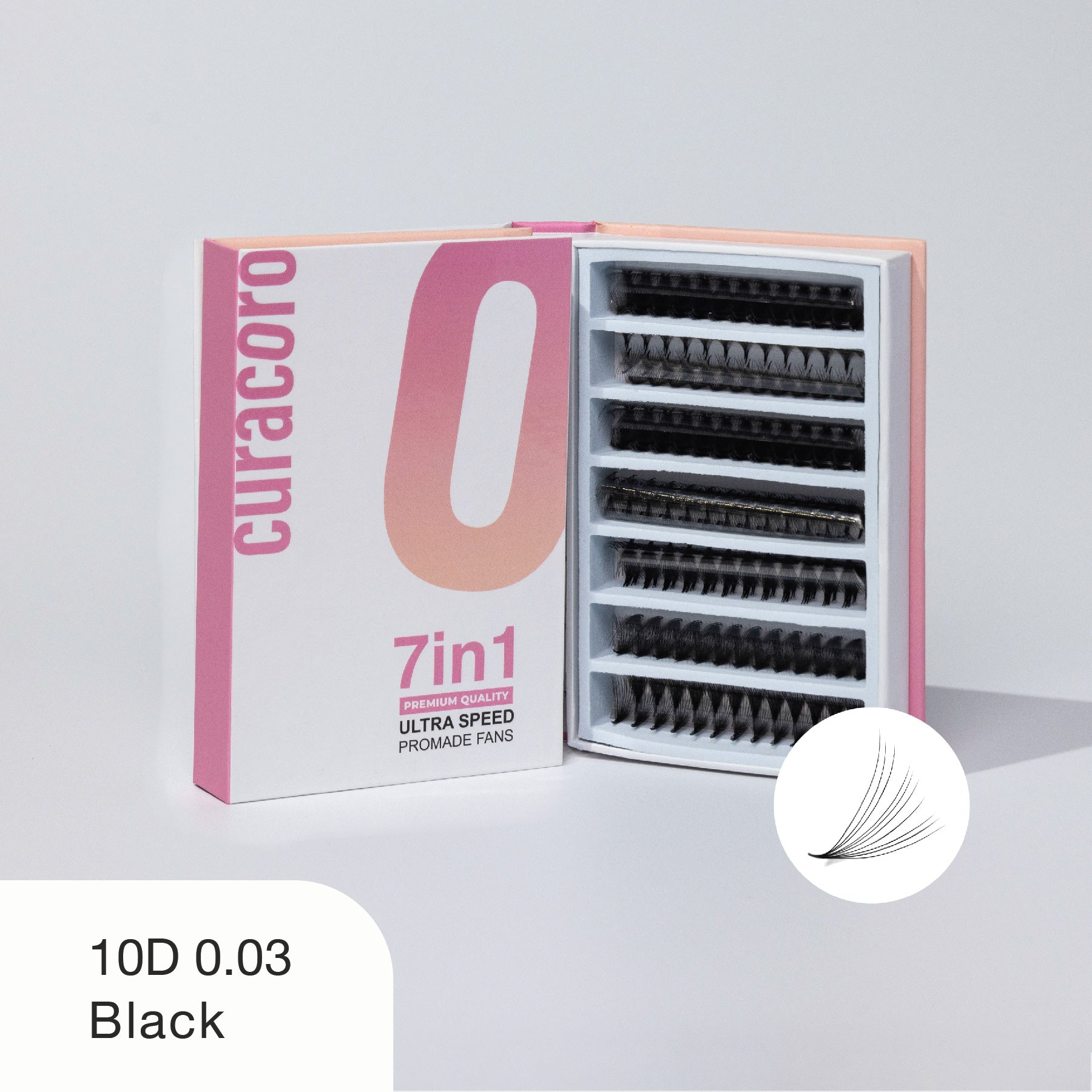 Curacoro 10D 0.03 black ultra speed promade fans, 7-in-1 box, displayed open with organized rows on white background