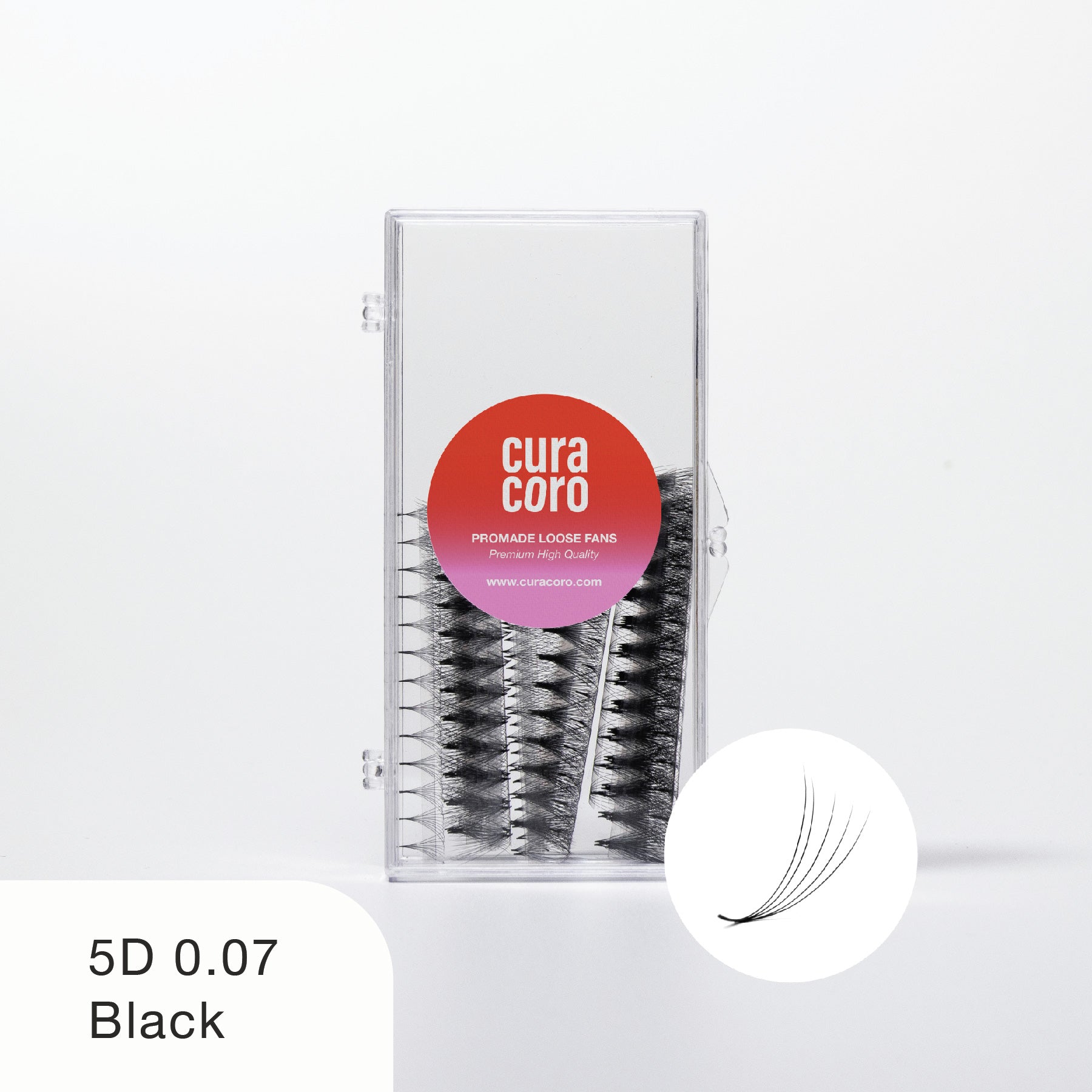 Curacoro 5D 0.07 black promade loose fans in clear case on white background