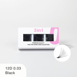 Curacoro 3-in-1 12D 0.03 Black wide pro-made fan lashes in premium packaging.