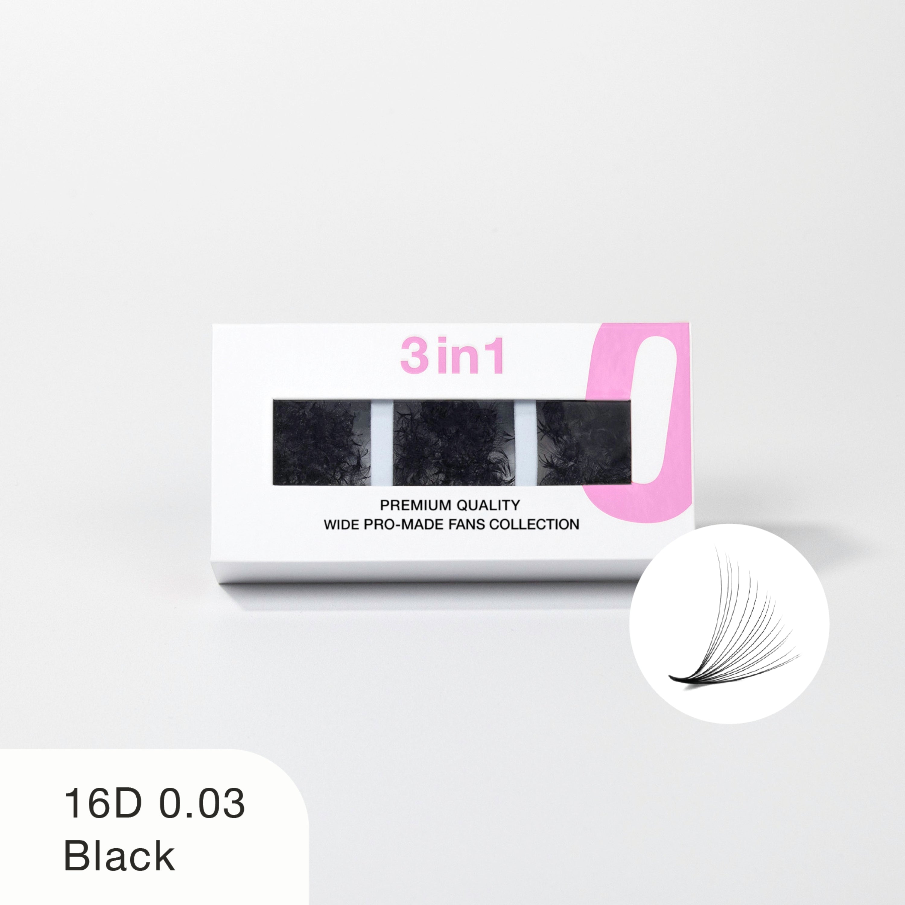 Curacoro 3-in-1 16D 0.03 Black wide pro-made fan lashes in premium packaging.