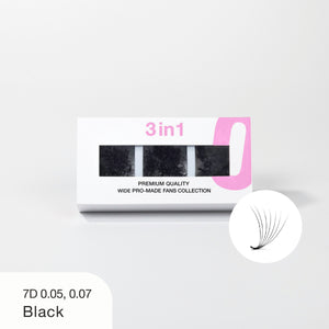 Curacoro 3-in-1 7D 0.05, 0.07 Black wide pro-made fan lashes in premium packaging.
