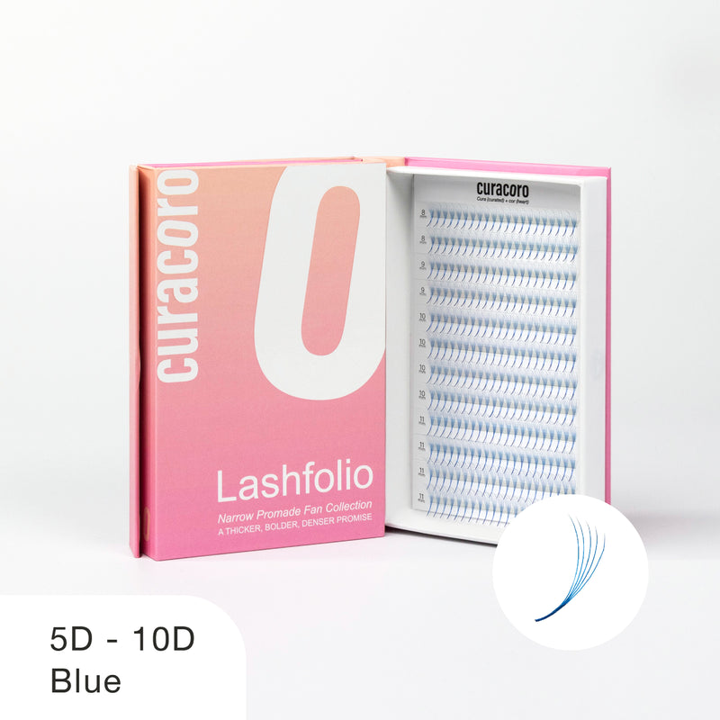 Curacoro Lashfolio 5D-10D Blue Promade Fans for striking lash creations, offering density and bold color.