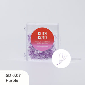 Curacoro Promade Loose Fans in purple, 5D 0.07 lashes, displayed in a clear compact case with a branded label.