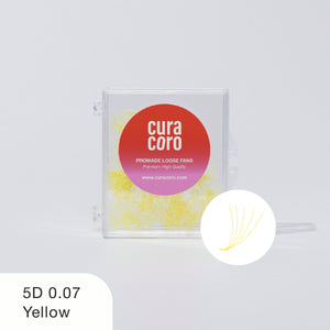 Curacoro 5D Promade Loose Fans, 0.07 thickness, yellow, in a clear box with a red label on a white background.