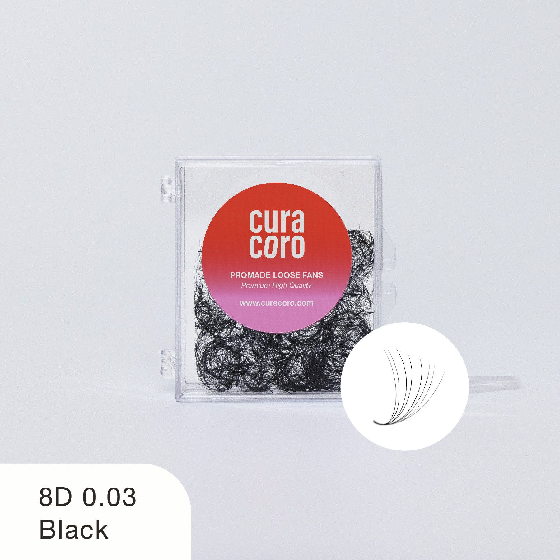 Curacoro 8D 0.03 black promade loose fans in clear plastic case with red label, displayed on white background