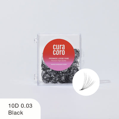 Curacoro 10D 0.03 black promade loose fans in clear plastic case with red label, displayed on white background