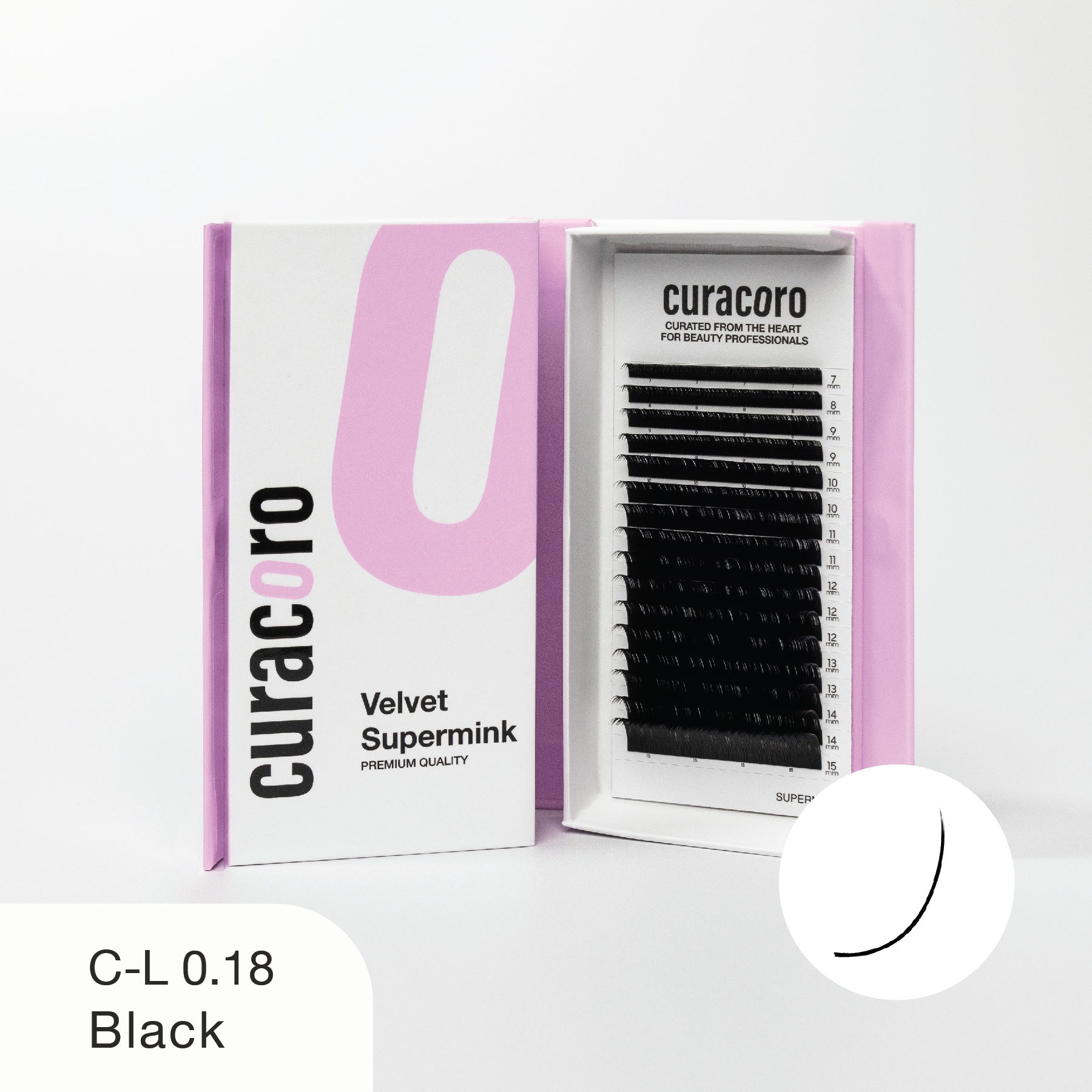 Curacoro Velvet Supermink lash tray in C-L curl, 0.18 thickness, and black color, displayed in an open pink and white box with a close-up curve icon on a white background.