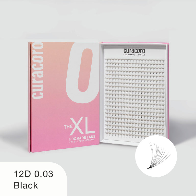 Curacoro XL 12D 0.03 black promade fans in gradient pink box, open to show neatly arranged rows on white background