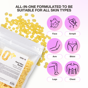 Packaging of hard wax beads with application icons for various body parts on a white background.