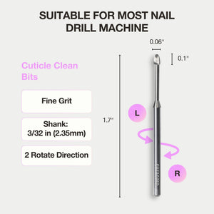 Curacoro fine-grit cuticle cleaning bit infographic showing 3/32" shank, dual rotation, and dimensions for nail drill machines.