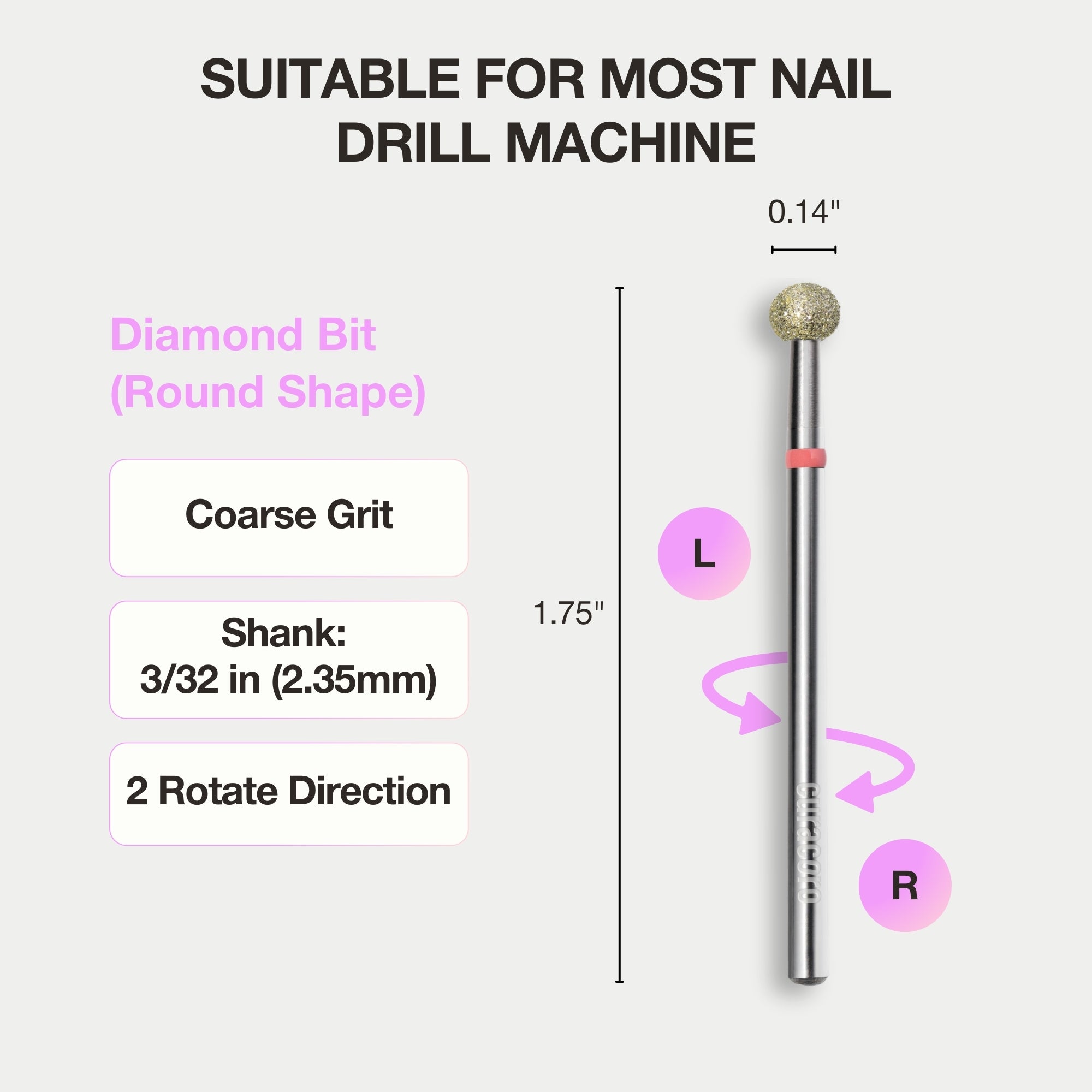 Diamond bit (round shape) for nail drill machines: coarse grit, 3/32" shank, bi-directional, precise for cuticle and nail prep.