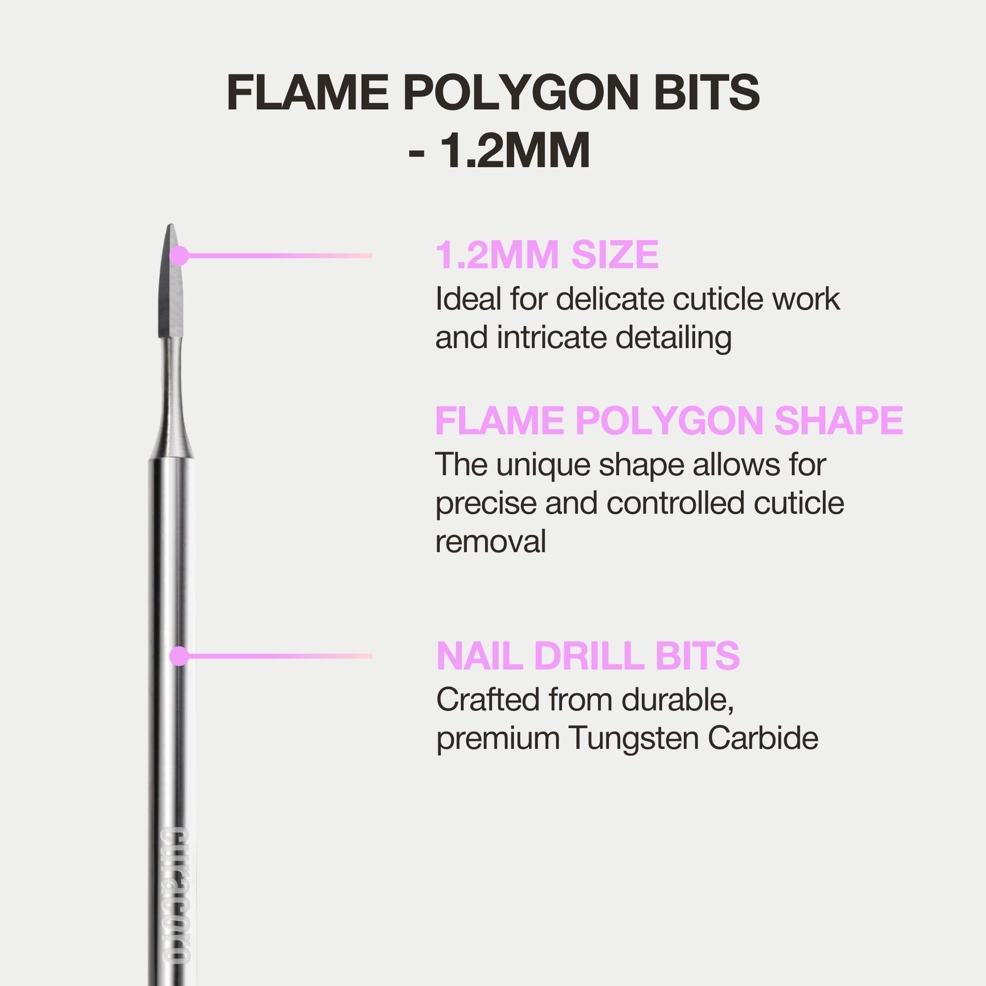 Flame polygon nail bit, 1.2mm, designed for precise cuticle work, crafted with durable tungsten carbide for optimal performance.