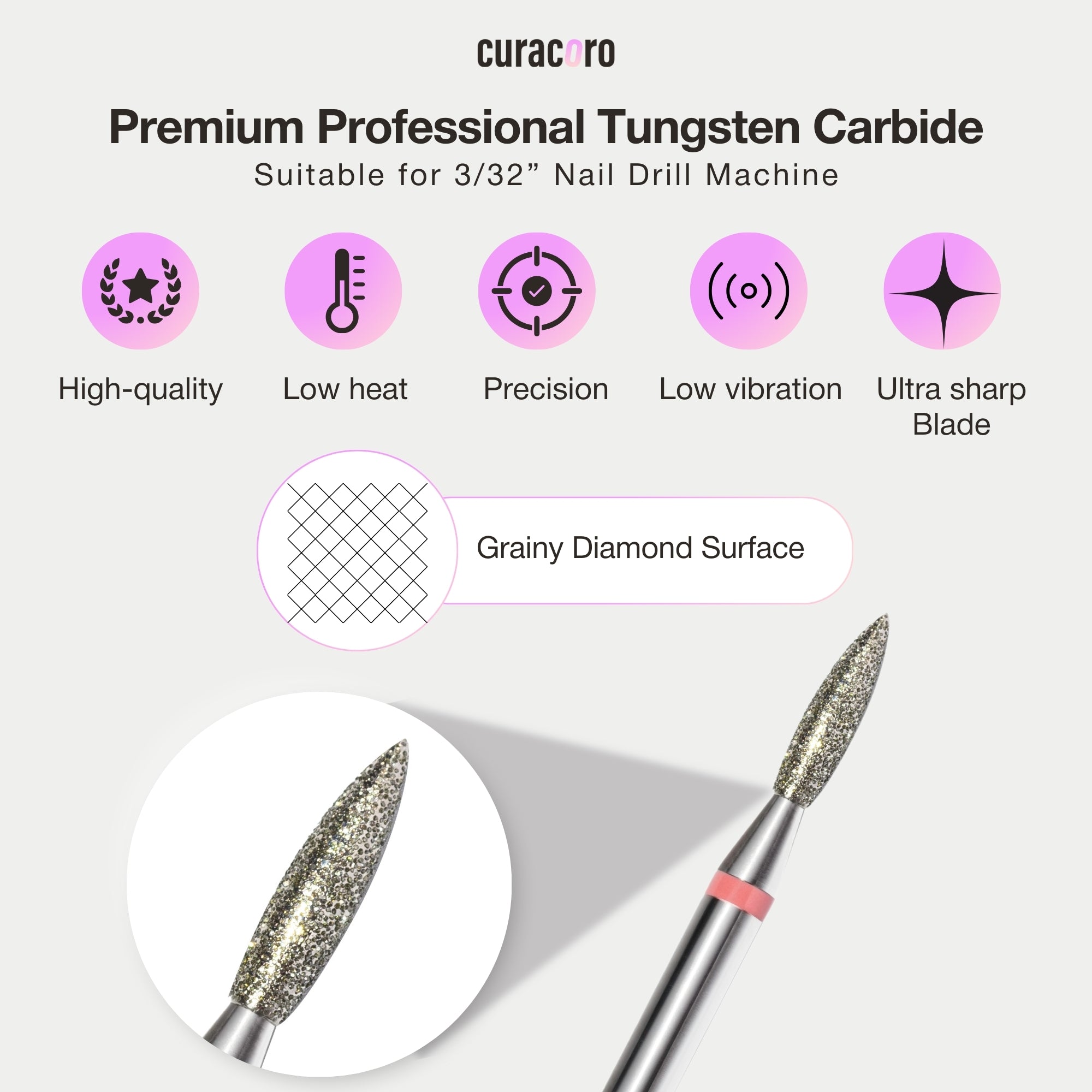 Curacoro premium coarse diamond flame-shaped bit infographic highlighting grainy diamond surface, precision, and low vibration.